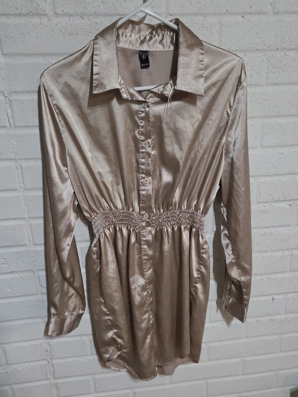 Satin Long-Sleeve Shirt Dress in Champagne